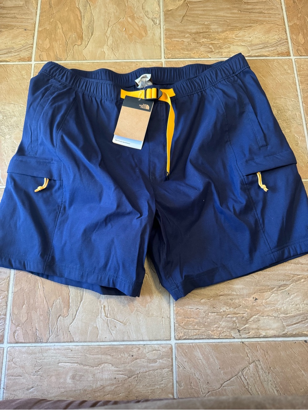 The North Face Navy Shorts with Yellow Belt and Drawcords